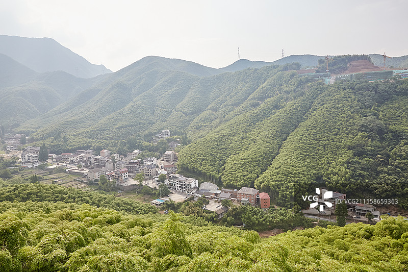 浙江省湖州市安吉中国大竹海景区卧虎藏龙拍摄地竹林密林竹子村庄山谷风光图片素材