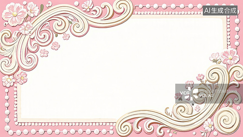 【AI数字艺术】2D卡通环绕-_洛可可式卷草纹边框 卷草纹浅粉色手绘边框、珍珠白花卉浮雕装饰模板图片素材