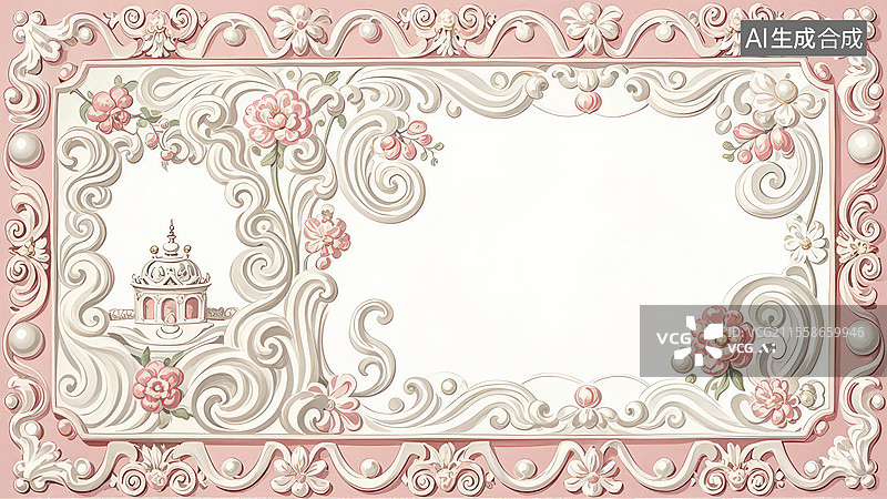 【AI数字艺术】2D卡通居左-_洛可可式卷草纹边框 卷草纹浅粉色手绘边框、珍珠白花卉浮雕装饰模板图片素材