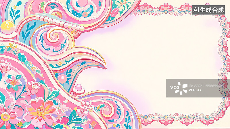 【AI数字艺术】2D卡通居左-_洛可可式卷草纹边框 卷草纹浅粉色手绘边框、珍珠白花卉浮雕装饰模板图片素材