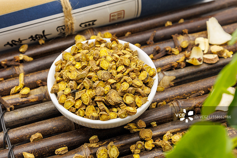 中药材 黄芩 切片 饮片的特写图片素材