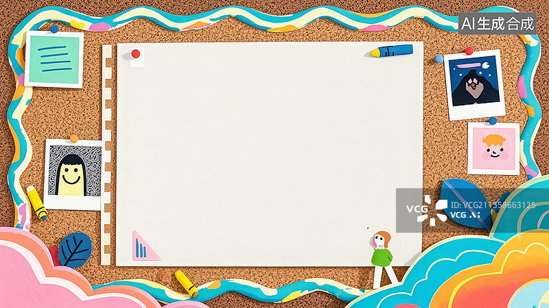 【AI数字艺术】2D卡通环绕-软木板留言板边框、手绘办公简约背景模板图片素材