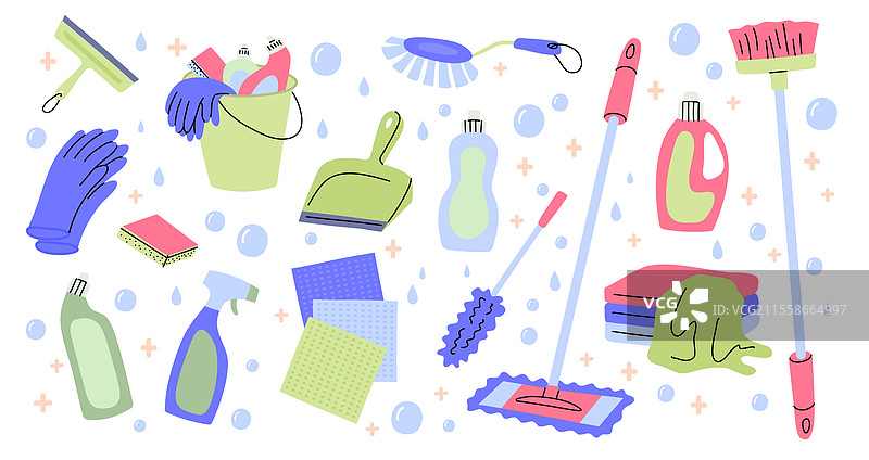 卡通风格的各种清洁用品套装图片素材