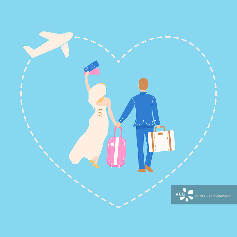 一对新婚夫妇即将飞往蜜月旅行。图片素材
