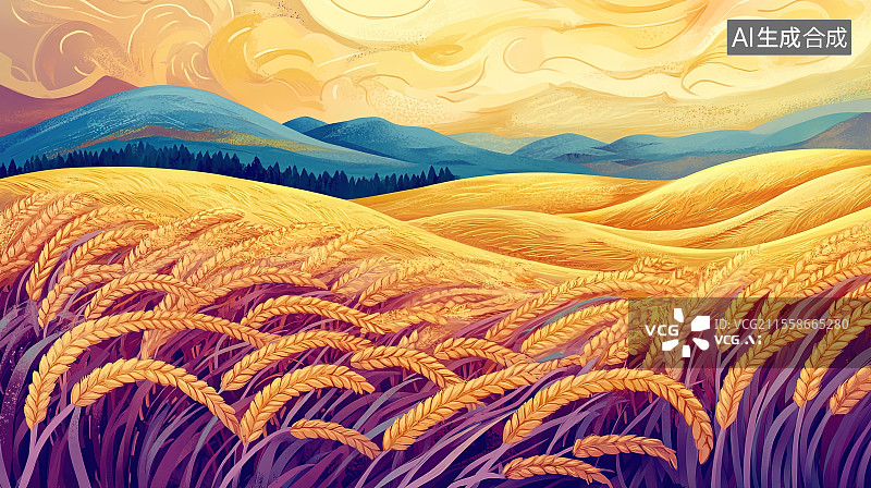 【AI数字艺术】二十四节气系列插画之夏至节气金色的麦田图片素材