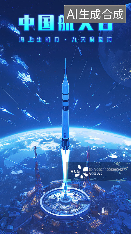 【AI数字艺术】中国航天日庆祝模板概念商务会议海报火箭发射出地球冲向宇宙太空流星轨迹划过夜空星空新时代中国梦创新背景图片素材