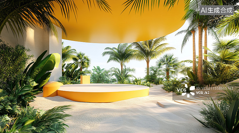 【AI数字艺术】橙黄色沙漠沙滩3D展台电商背景图片素材