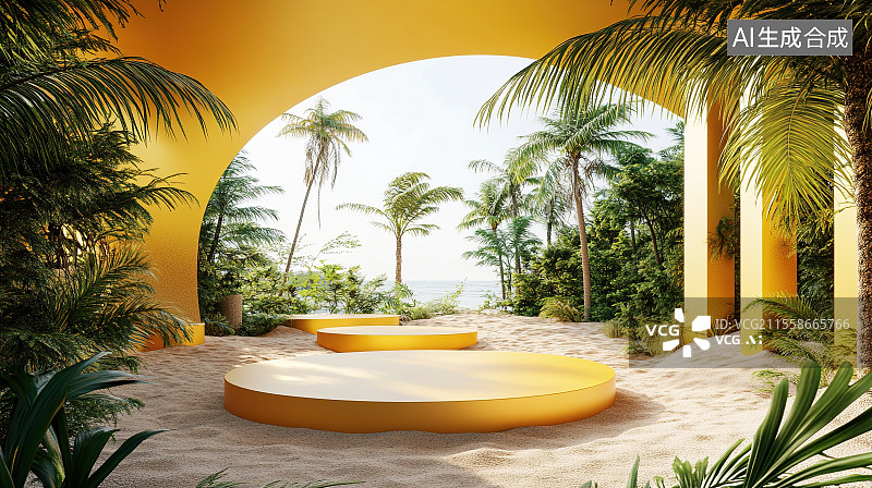 【AI数字艺术】橙黄色沙漠沙滩3D展台电商背景图片素材