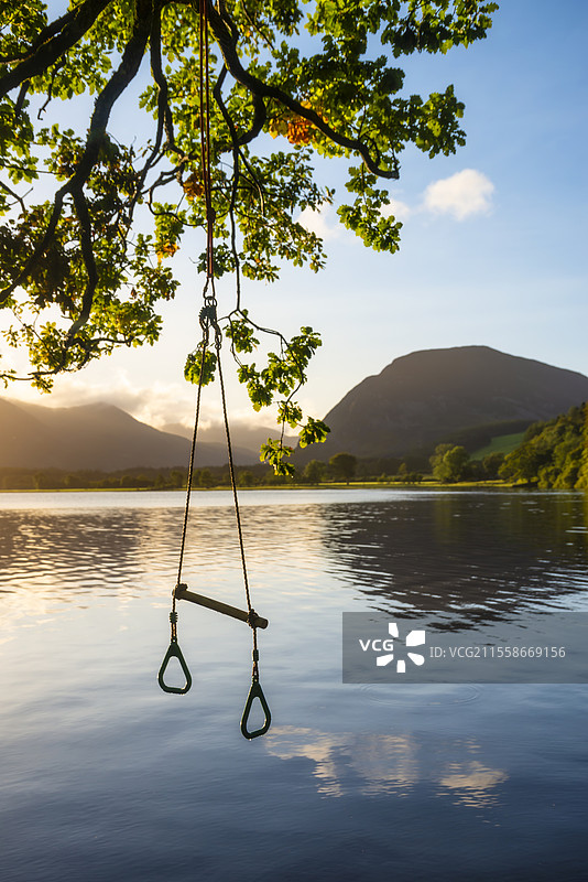典型的英格兰夏季风景，孩子的秋千悬挂在湖区平静的湖面上，金色的夏日晨曦照耀着。图片素材