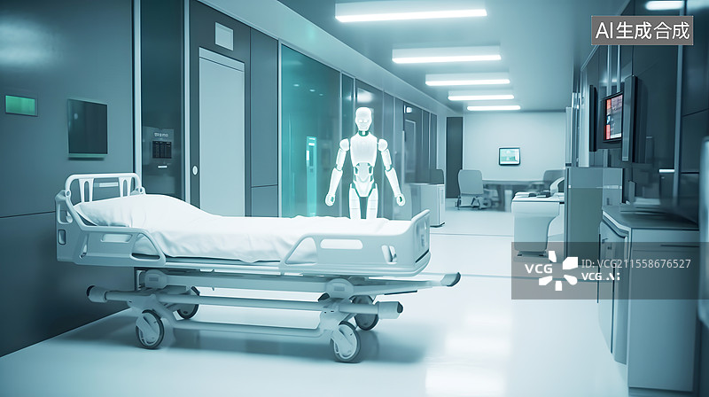 【AI数字艺术】AIGC：医院病房内的人工智能看护机器人，科技感背景图片素材