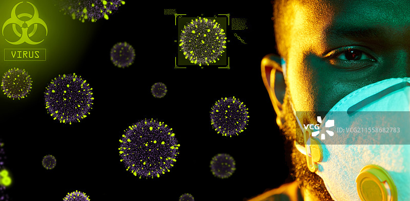 健康、安全和疫情概念 - 年轻的非裔美国男性佩戴防护口罩或呼吸器，背景为冠状病毒病毒颗粒。非洲男性佩戴呼吸器以防病毒。图片素材