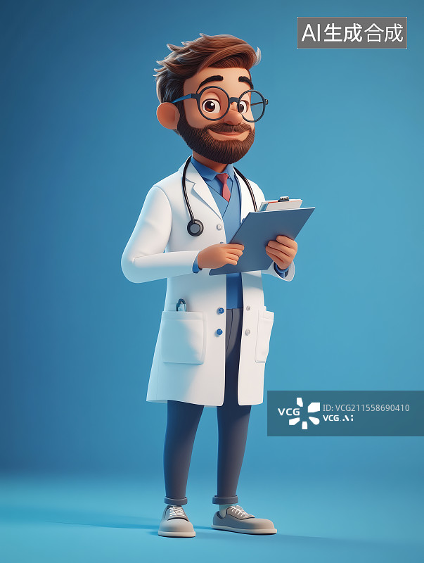 【AI数字艺术】卡通风格，蓝色背景，身穿白大褂的医生图片素材