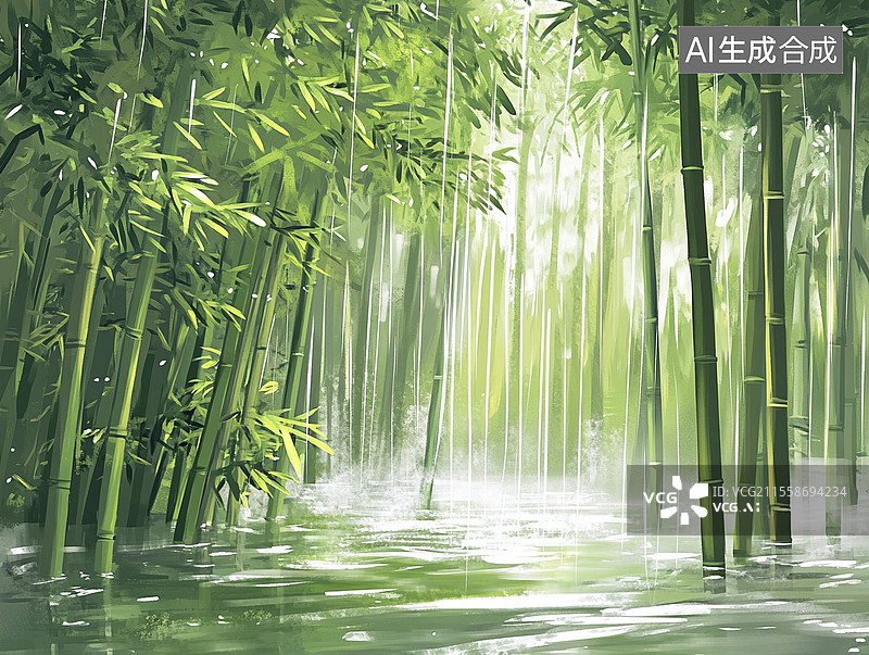 【AI数字艺术】手绘风格雨中的竹林清明节背景图图片素材