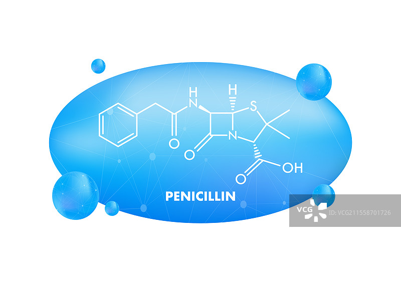 青霉素分子结构与蓝色渐变背景图片素材