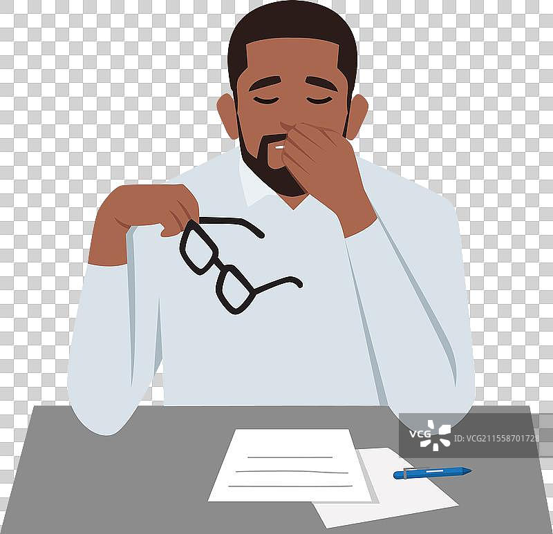 黑人男性在办公室感到压力，头痛。图片素材