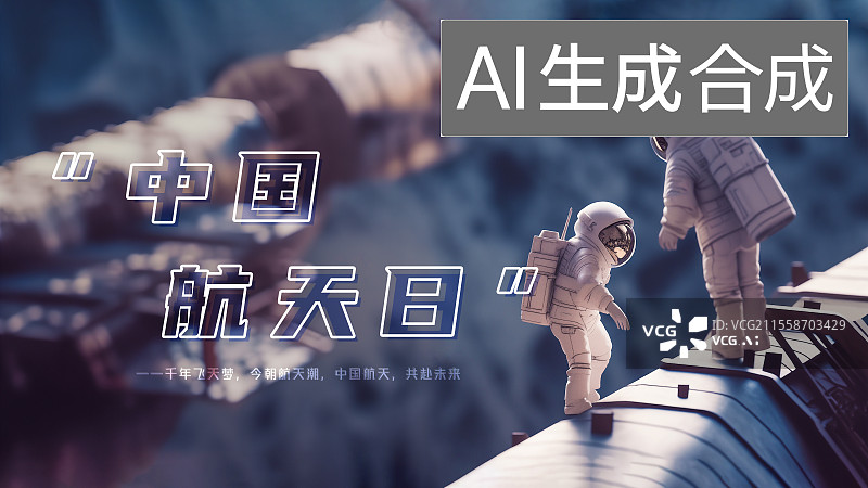 【AI数字艺术】中国航天日横版海报主视觉KV宣传图 两个宇航员交流 3D立体卡通太空微缩模型宇宙场景图片素材