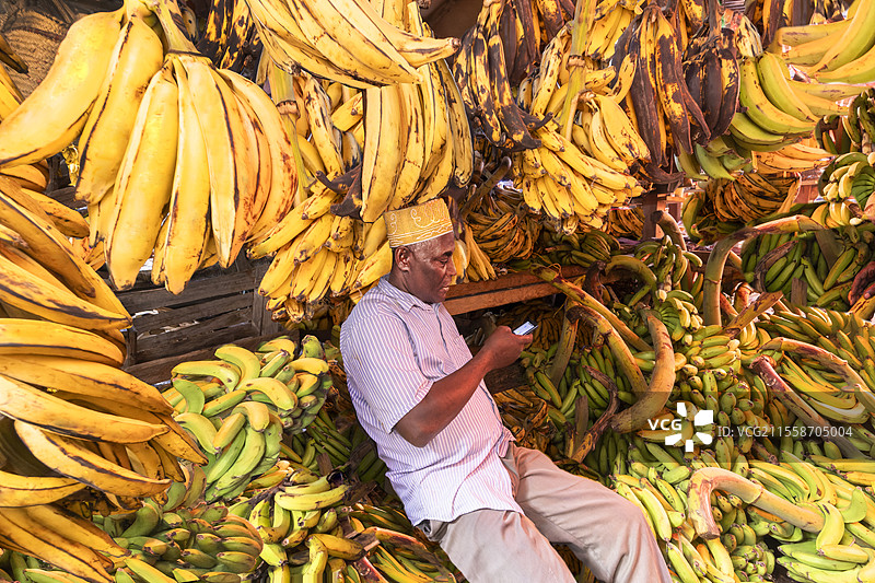 在坦桑尼亚桑给巴尔的石镇，一个人在有顶市场摊位上出售各种成熟度的香蕉。图片素材