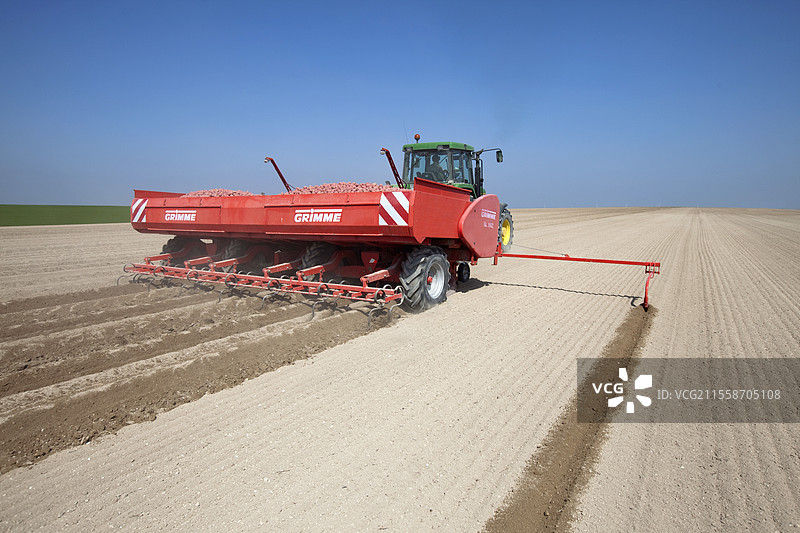 在法国布里地区的壤土上使用六行垄种植机种植土豆。图片素材