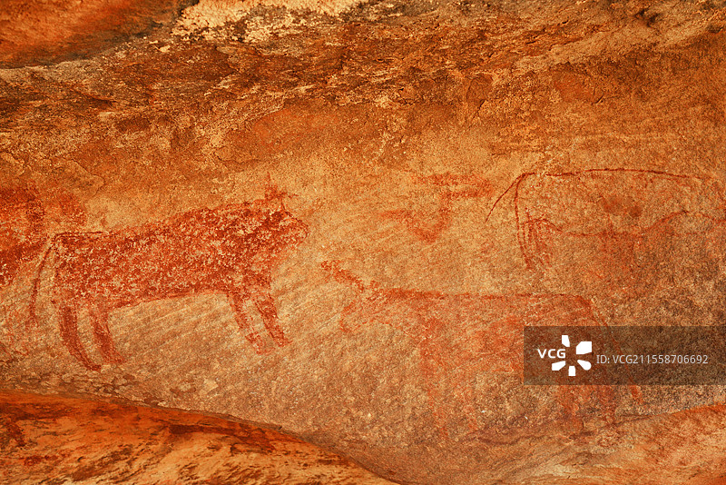 阿格鲁尔·阿莫贾尔岩石庇护所的洞穴画，由法国探险家西奥多·莫诺发现。阿塔尔，阿德拉尔，毛里塔尼亚。图片素材