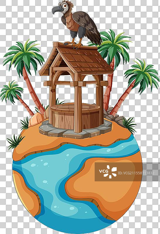 一只秃鹫栖息在木制瞭望塔上图片素材