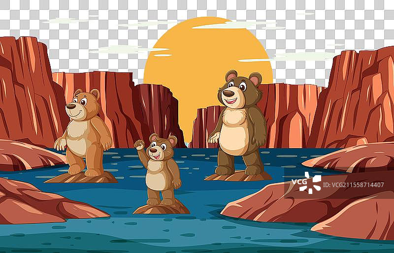 黄昏时分，三只卡通熊在河边。图片素材