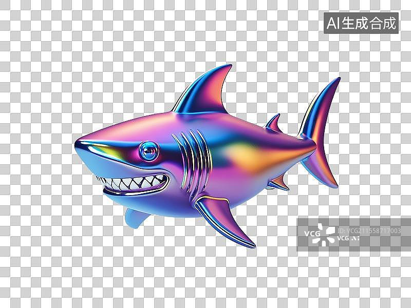 【AI数字艺术】3D渲染卡通动物，炫彩激光镭射金属质感，鲨鱼，大白鲨，，海洋生物，免抠元素图片素材
