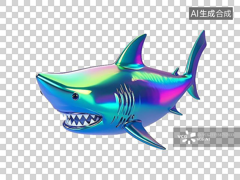 【AI数字艺术】3D渲染卡通动物，炫彩激光镭射金属质感，鲨鱼，大白鲨，，海洋生物，免抠元素图片素材