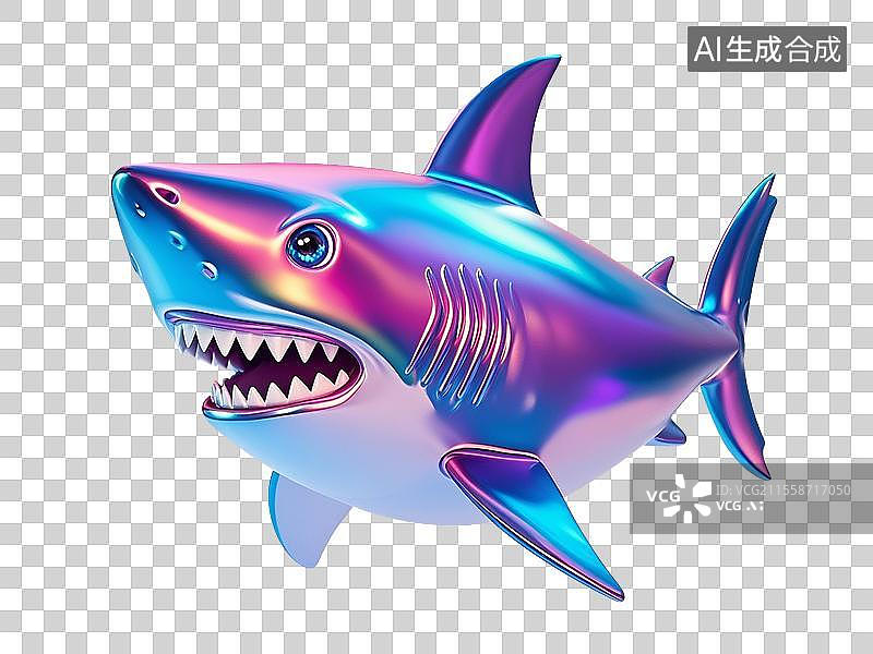 【AI数字艺术】3D渲染卡通动物，炫彩激光镭射金属质感，鲨鱼，大白鲨，，海洋生物，免抠元素图片素材