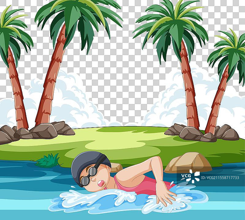 孩子在棕榈树下的热带河流中游泳图片素材