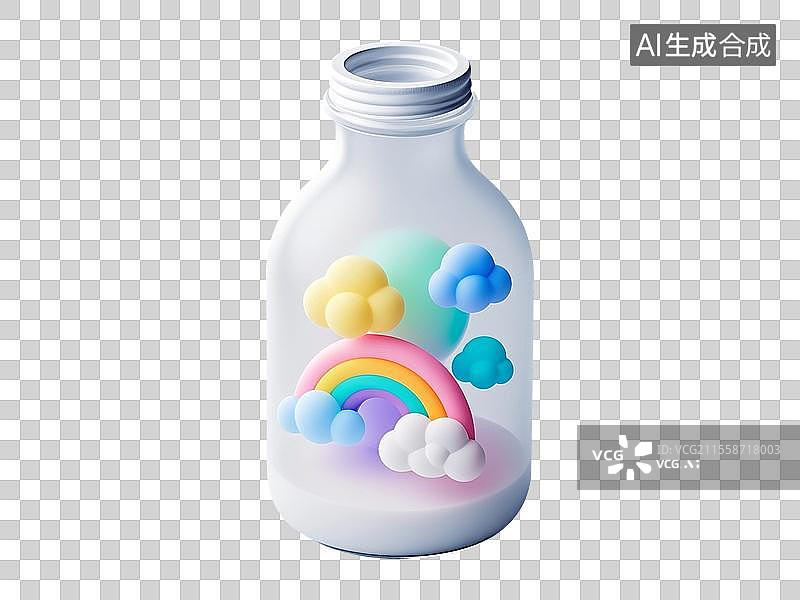 【AI数字艺术】3D渲染，瓶子里可爱的卡通彩虹和云朵，免抠元素图片素材
