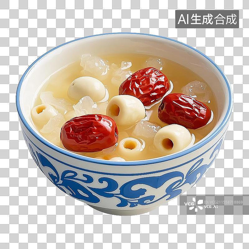 【AI数字艺术】一碗加了银耳莲子羹，银耳，夏天养生甜品，特写，中国传统美食免抠元素图片素材