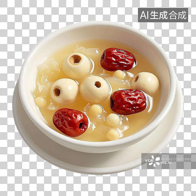 【AI数字艺术】一碗加了银耳莲子羹，银耳，夏天养生甜品，特写，中国传统美食免抠元素图片素材