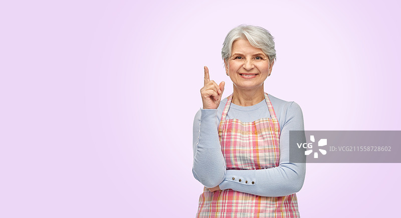 烹饪、烹饪艺术和老年人概念 - 微笑的老年女性穿着厨房围裙，手指向上，背景为淡紫色。微笑的老年女性穿着围裙，手指向上。图片素材