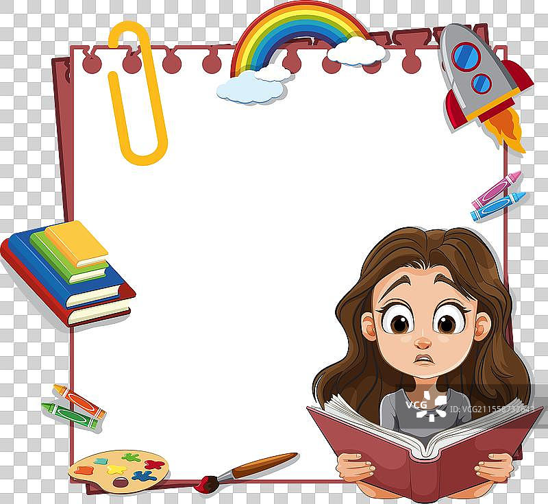 女孩在创意符号的包围中阅读图片素材