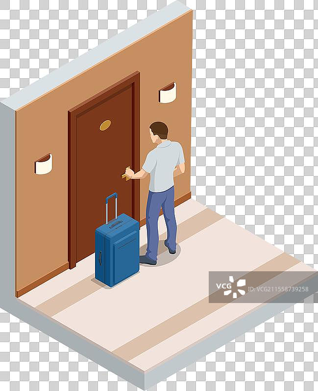 酒店走廊的等距室内，一名男子图片素材