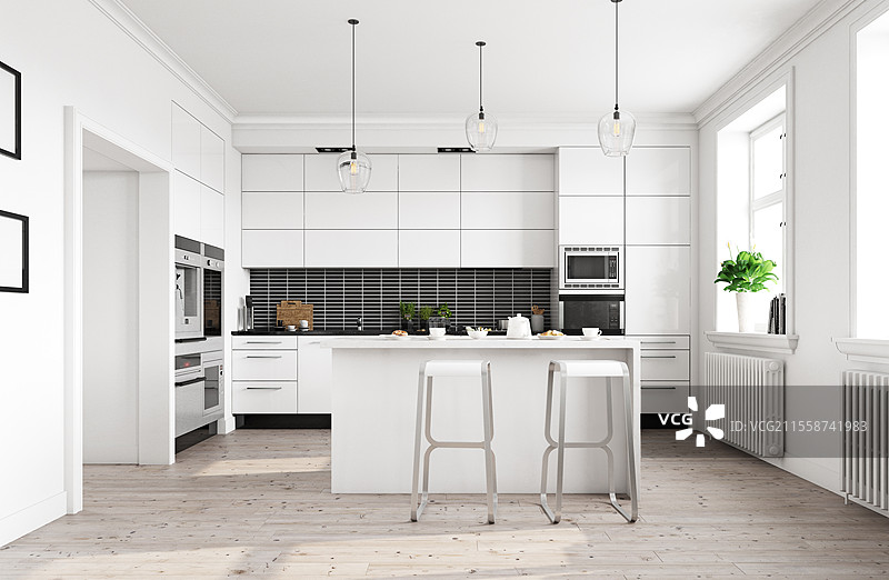 现代厨房室内设计。3D渲染设计概念图片素材