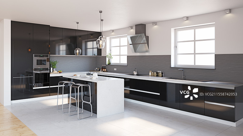 现代厨房室内设计。3D渲染设计概念图片素材