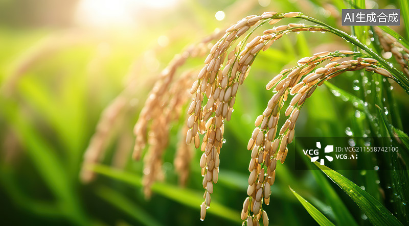 【AI数字艺术】晨露中的稻穗图片素材