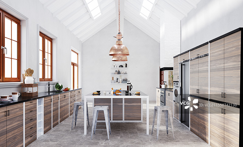 现代厨房室内设计。3D渲染设计概念图片素材