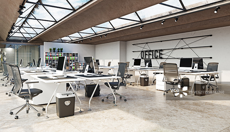 现代办公室室内设计概念。3D渲染创意图片素材