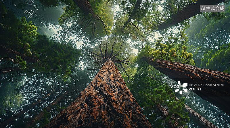 【AI数字艺术】仰望森林的绿色奇迹  低角度的红杉树图片素材