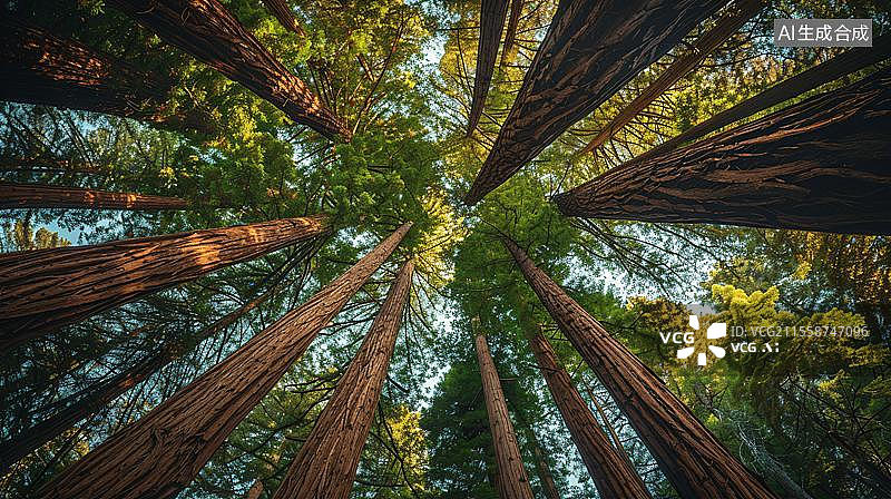 【AI数字艺术】仰望森林的绿色奇迹  低角度的红杉树图片素材