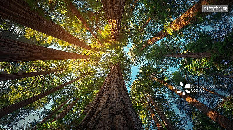 【AI数字艺术】仰望森林的绿色奇迹  低角度的红杉树图片素材