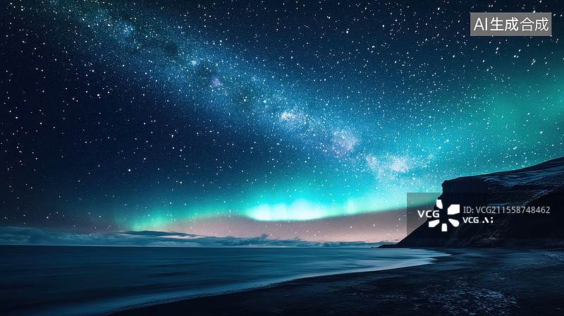 【AI数字艺术】星空下的极光与海岸图片素材