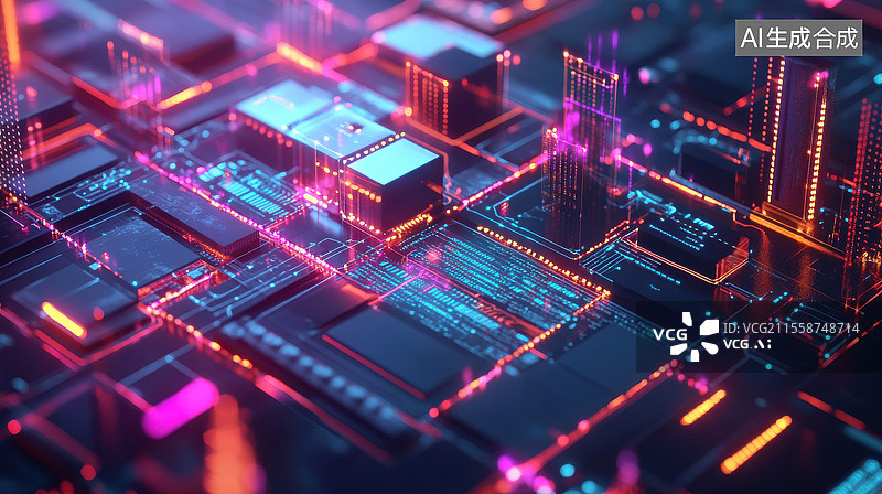 【AI数字艺术】电路板上的发光芯片图片素材