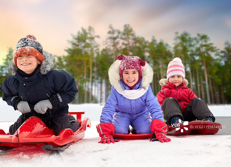 童年、滑雪橇和季节概念 - 一群快乐的小朋友在冬天的雪地公园或森林背景下滑雪橇。快乐的小朋友们在冬天滑雪橇。图片素材