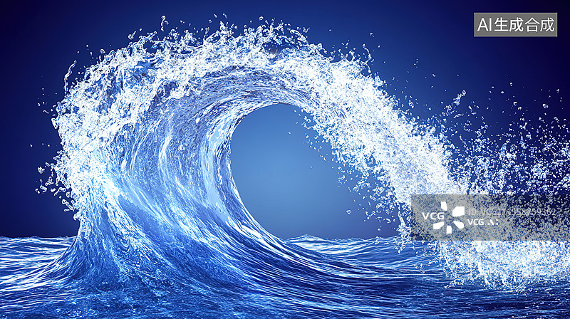 【AI数字艺术】动态海洋能源汹涌波涛驱动潮汐和波浪发电装置可持续海洋基础设施融合水波折射和金属质感的微观水滴细节图片素材