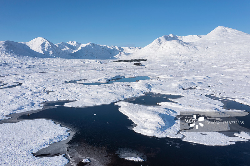令人惊叹的冬季航拍景观图，展示了洛赫巴和背景中被雪覆盖的苏格兰高地山脉。图片素材