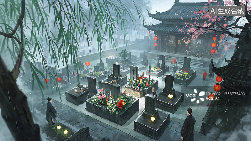 【AI数字艺术】细雨清明，祭奠之情图片素材
