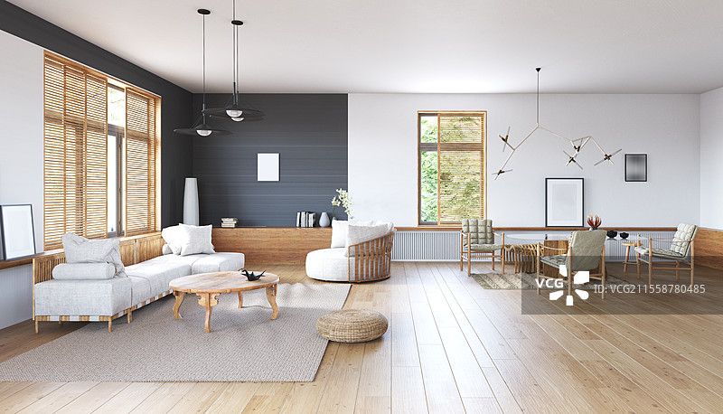 现代客厅室内设计。3D渲染设计概念图片素材